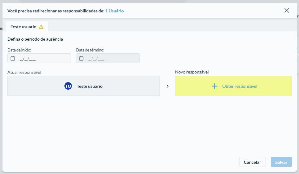 Tela de transferência de responsabilidade pelo administrador